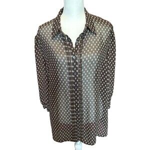 Chaps Women’s Blouse 18W Sheer Chocolate Brown Geometric Pintuck 3/4 sleeve